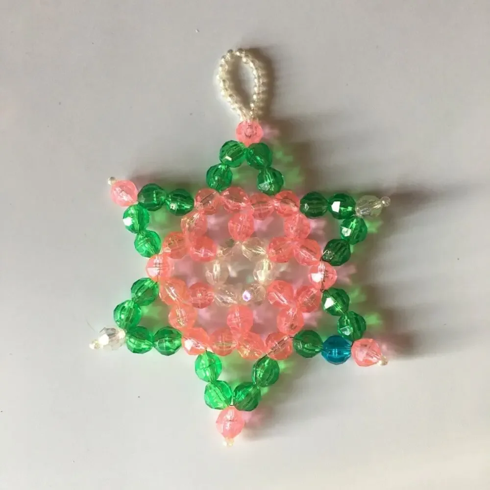 Vintage beaded Christmas star - handmade Christmas ornament, green and pink